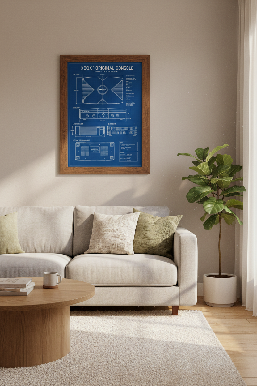 Original Xbox Blueprint Wall Art | Retro Gamer Decor, Gaming Console Poster