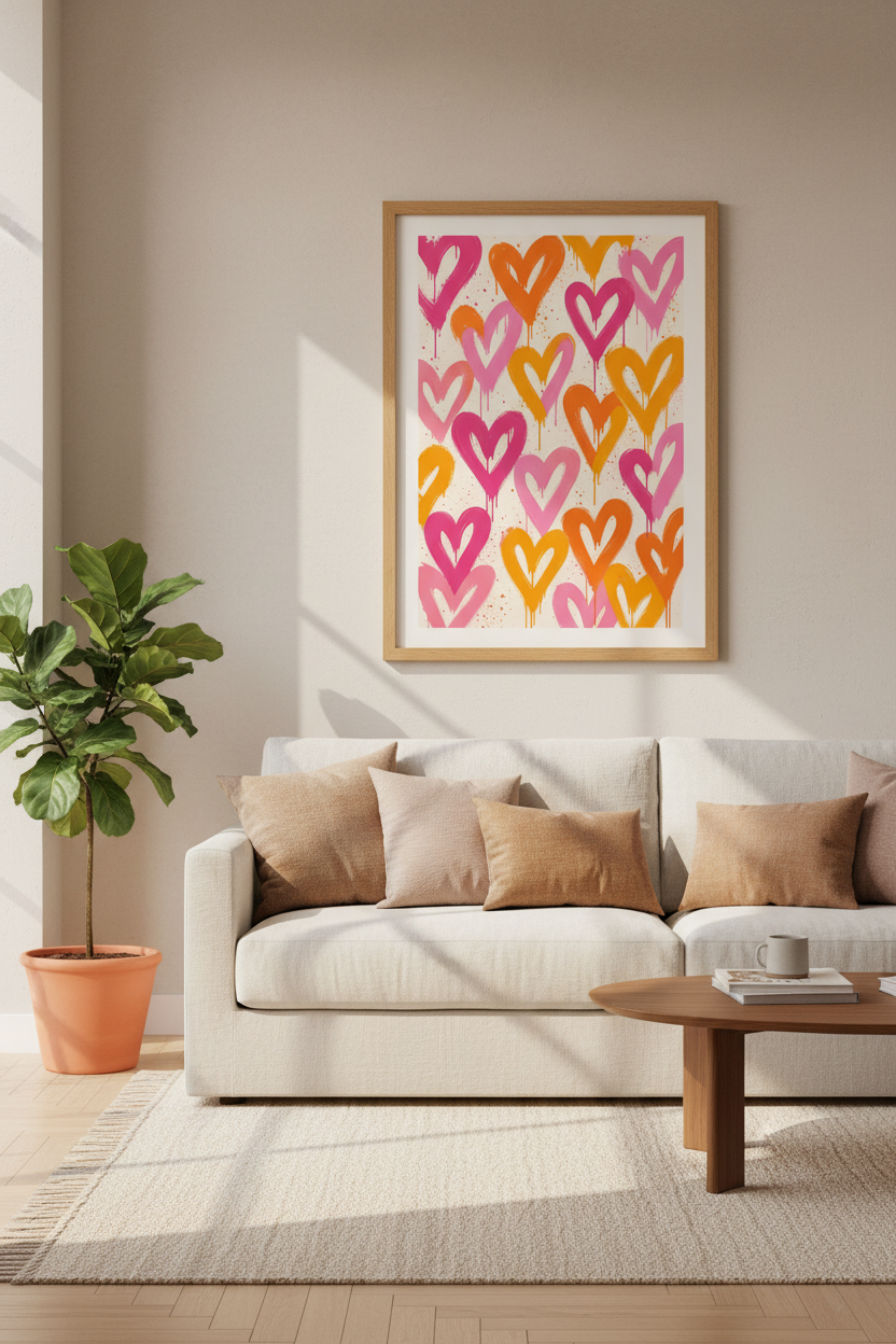 Preppy Heart Wall Art Print | Pink & Orange Graffiti Poster | Trendy Dorm Room Decor