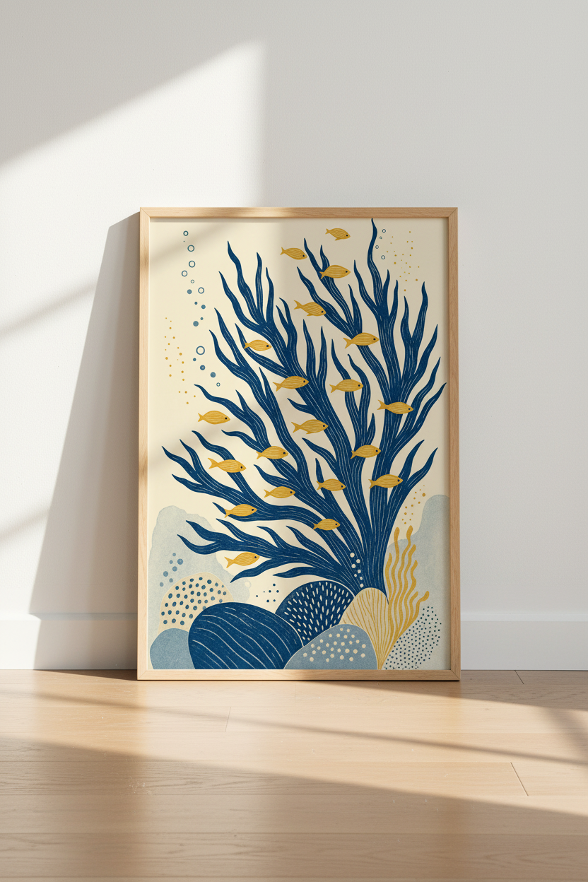 Modern Coral & Fish Wall Art Print | Coastal Navy Decor | Mid Century Poster