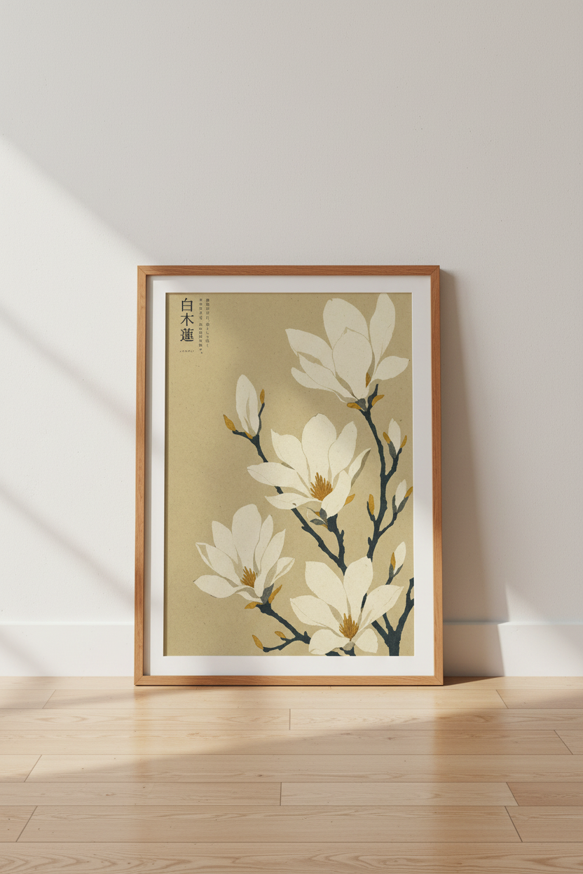Japanese Magnolia Flower Wall Art | Cream & Beige Botanical, Japandi Decor