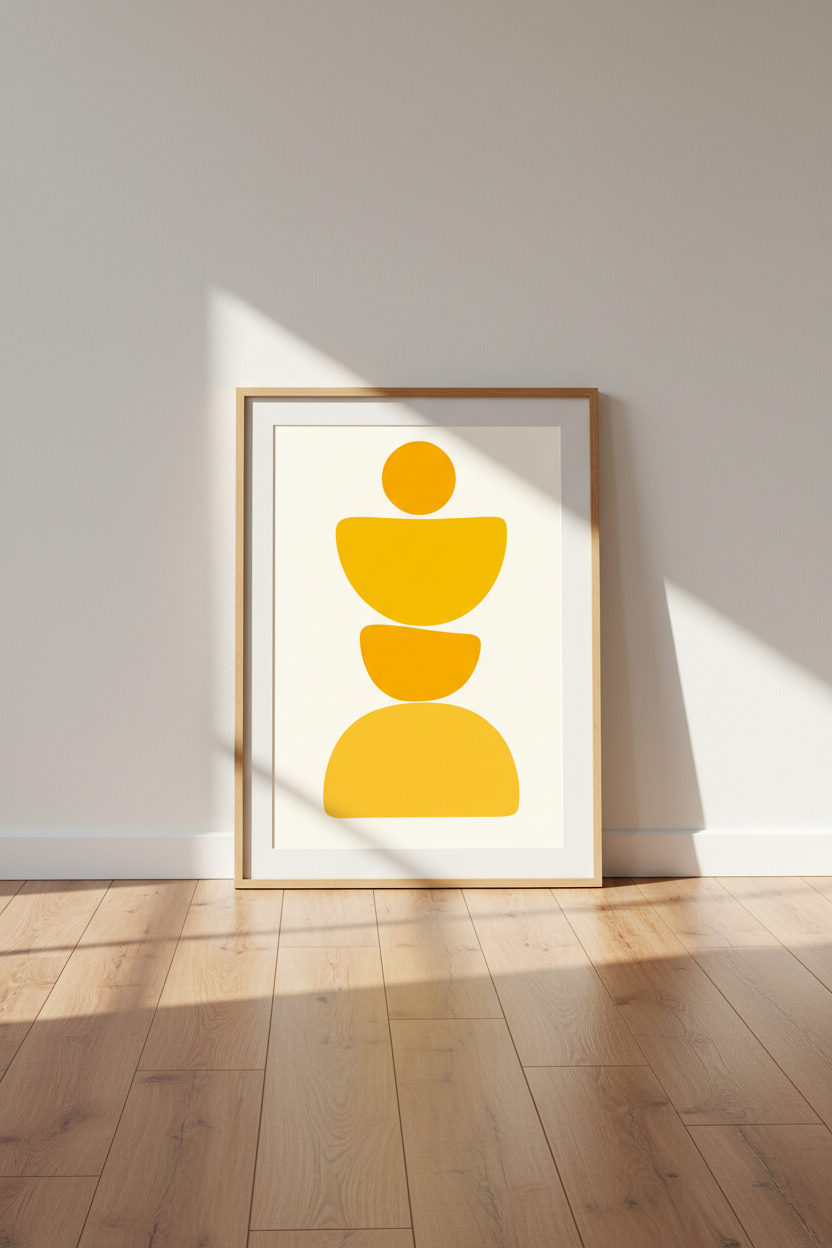 Abstract Yellow Stone Balance Wall Art | Mustard Zen Poster, Modern Living Room Decor