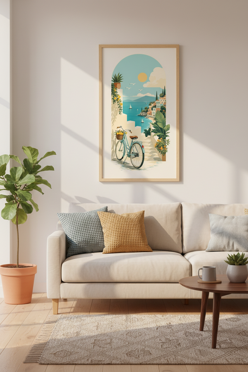 Mediterranean Coastal Scene | Italian Riviera Bicycle, Summer Travel Wall Art