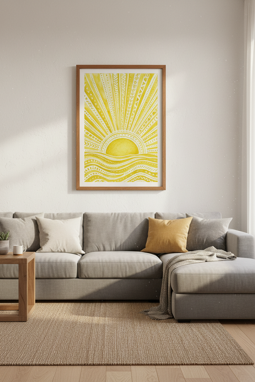 Boho Yellow Sun & Sea Watercolor Print | Tribal Folk Art Poster | Nursery Room Decor