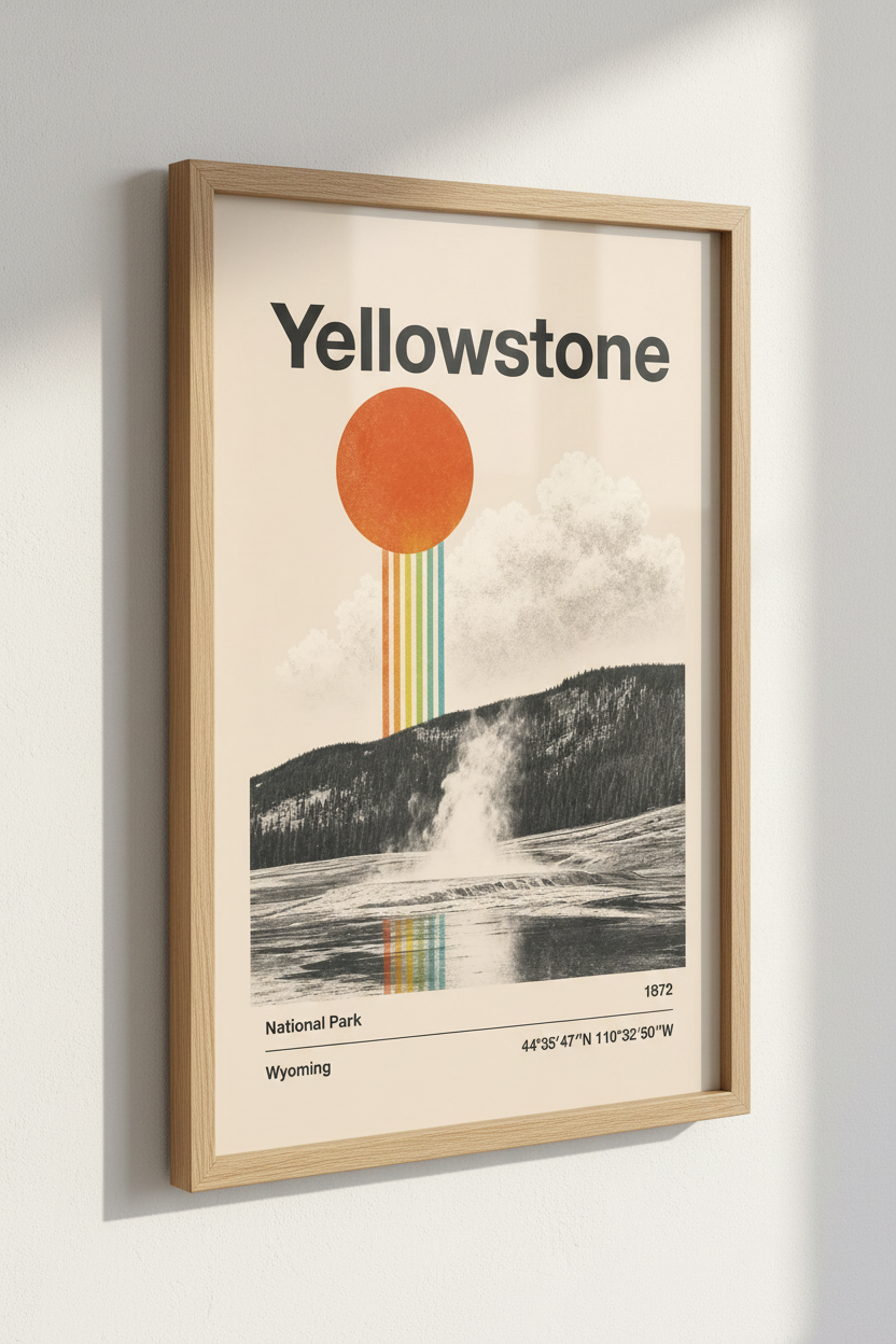 Yellowstone National Park Poster | Retro Sun & Rainbow Wall Art | Modern Nature Decor
