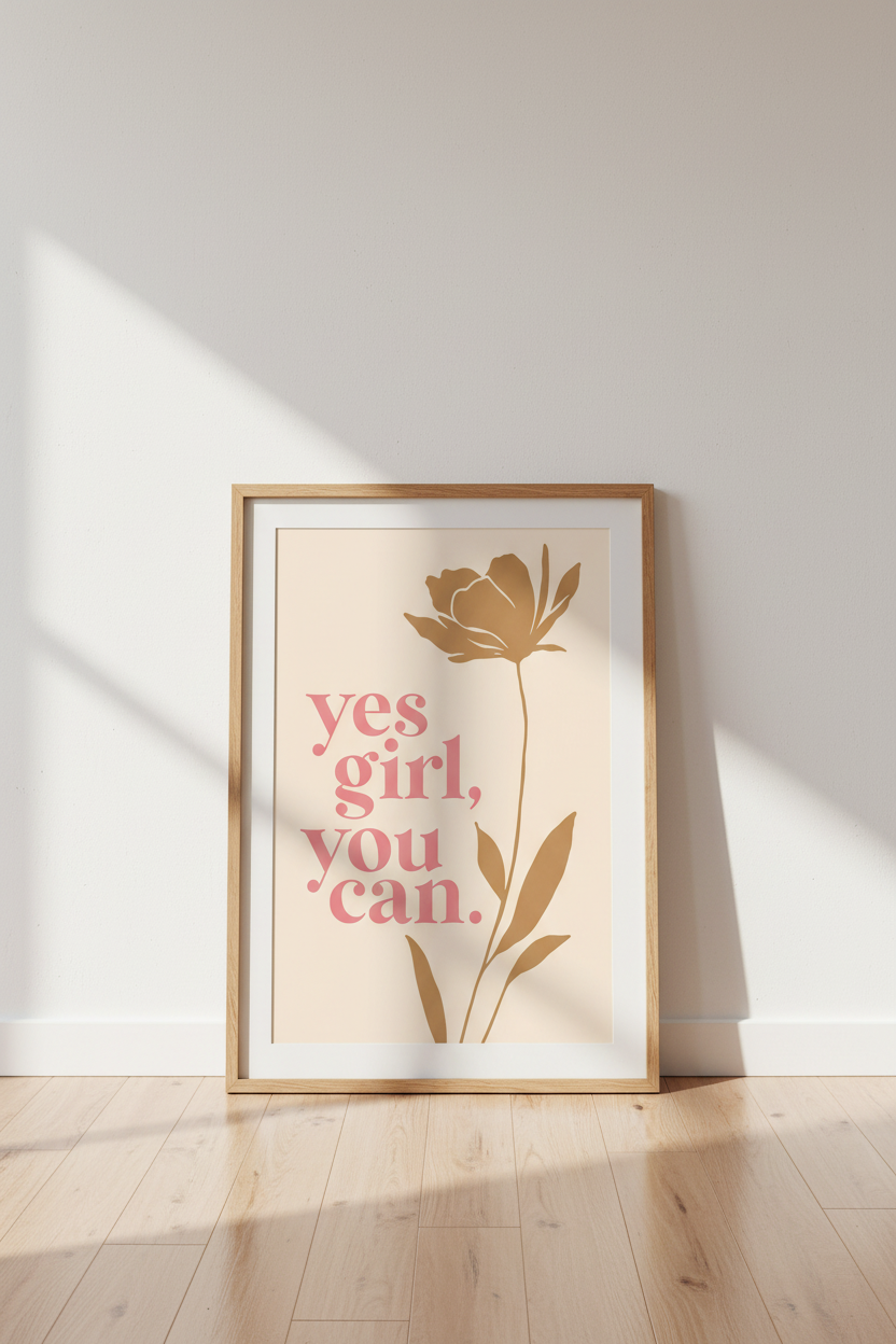 Motivational Quote Wall Art | Boho Floral Pink & Gold Poster, Office Decor