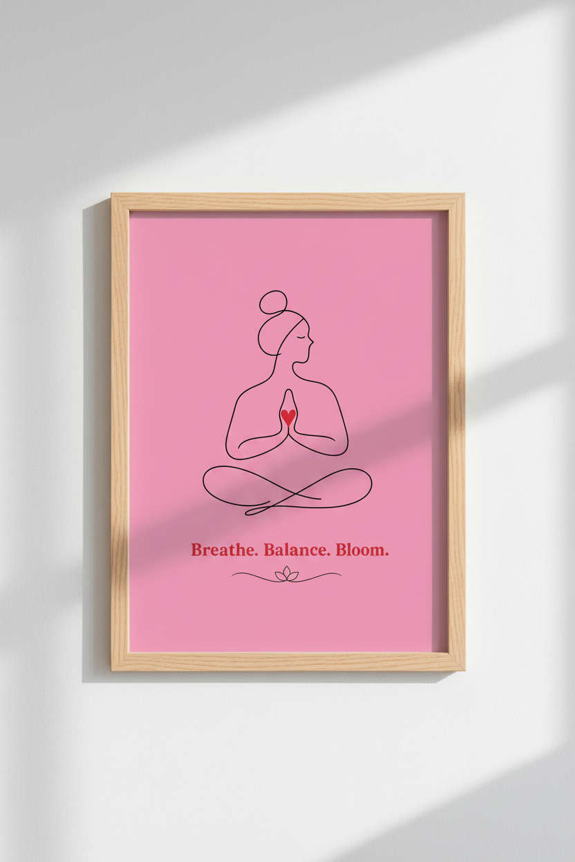 Yoga Meditating Woman Wall Art | Pink Minimalist Line Art, Yoga Studio Decor