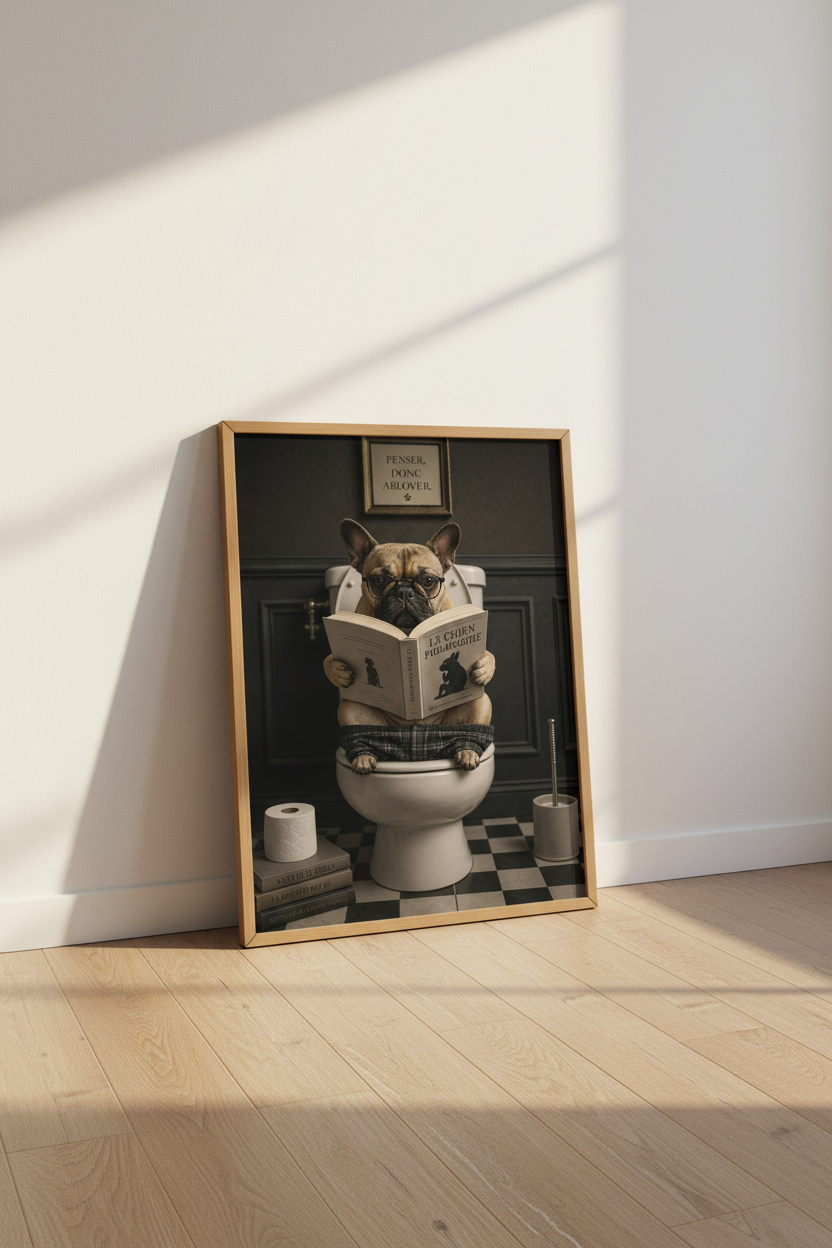 French Bulldog on Toilet Art | Funny Dark Academic Poster, Bathroom Decor