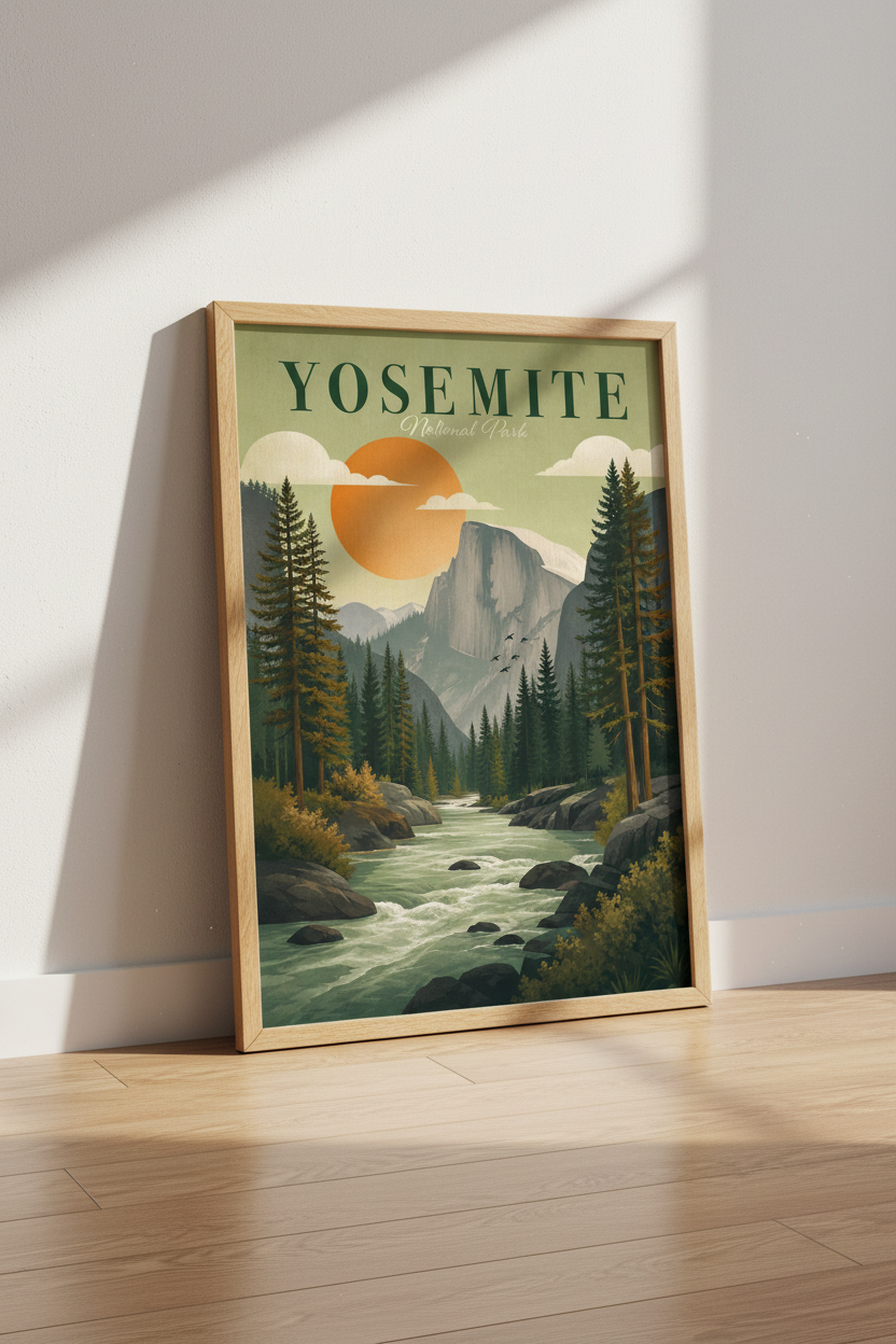 Yosemite National Park Wall Art | Vintage Travel Poster, Mountain Landscape Living Room