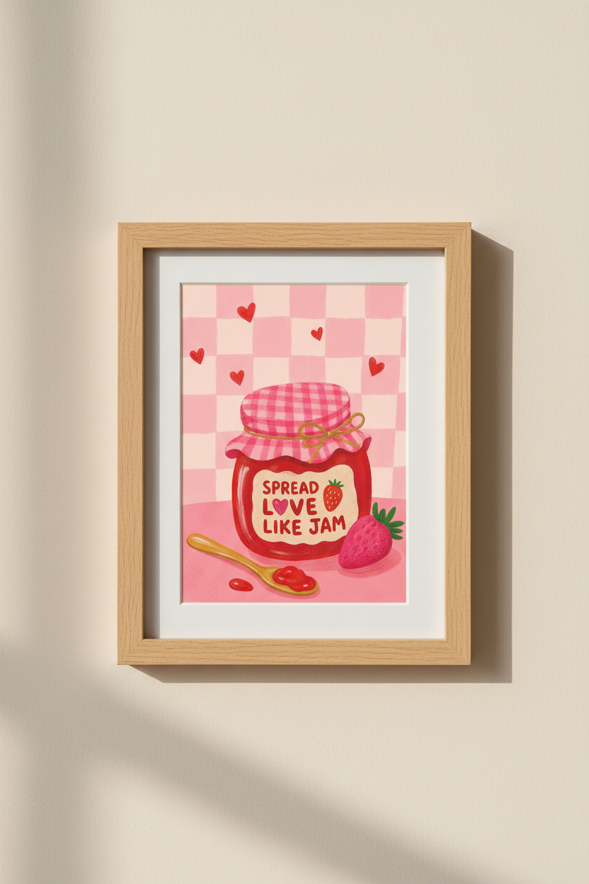 Retro Kitchen Wall Art Print | Pink Checkered Strawberry Poster | Preppy Food Art