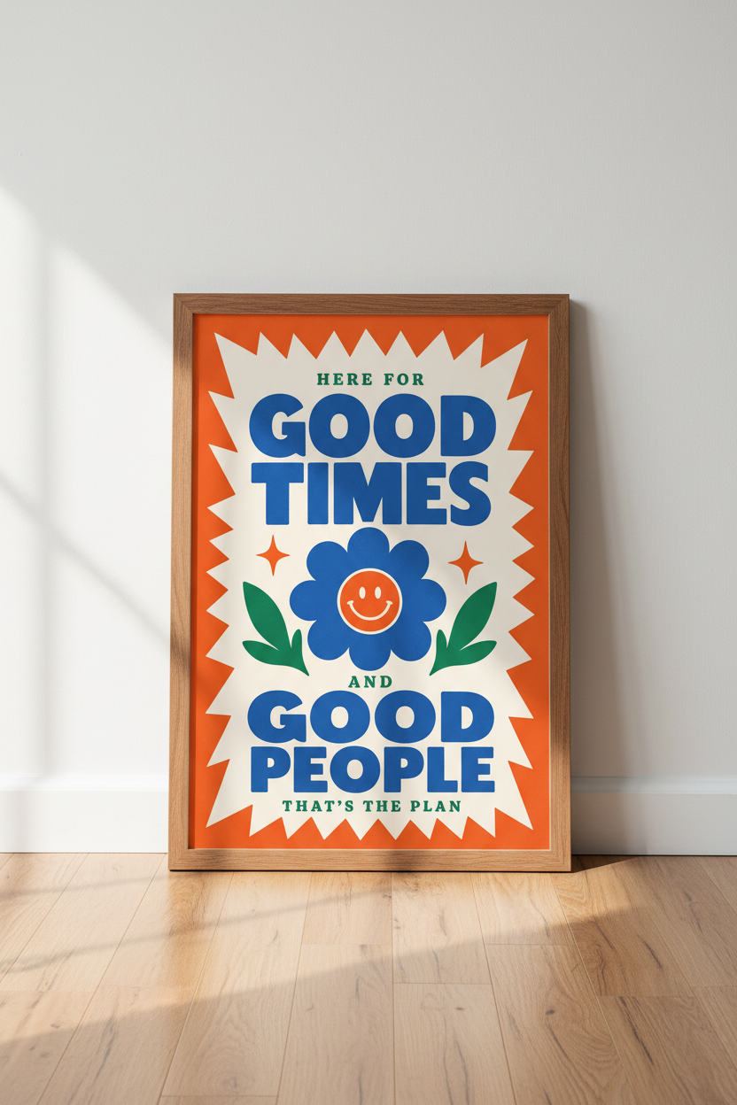 Good Times Good People Wall Art | Retro Smiley Poster | Colorful Dopamine Decor