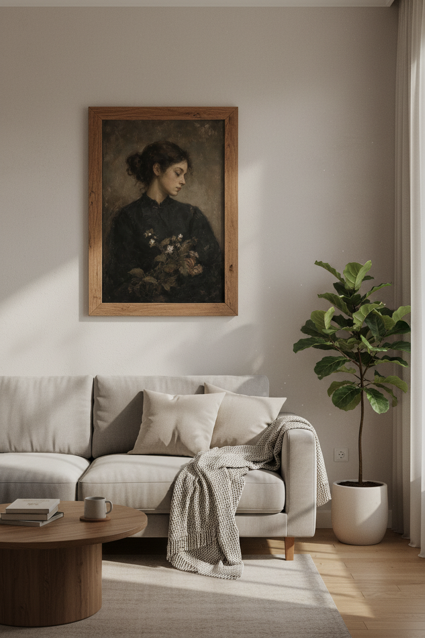Moody Woman with Flowers Portrait | Dark Academia Vintage Oil Style, Bedroom Art