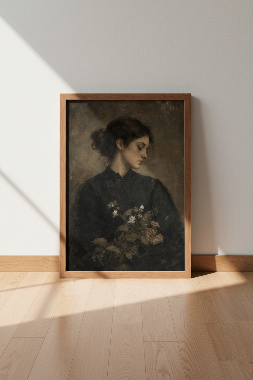 Moody Woman with Flowers Portrait | Dark Academia Vintage Oil Style, Bedroom Art