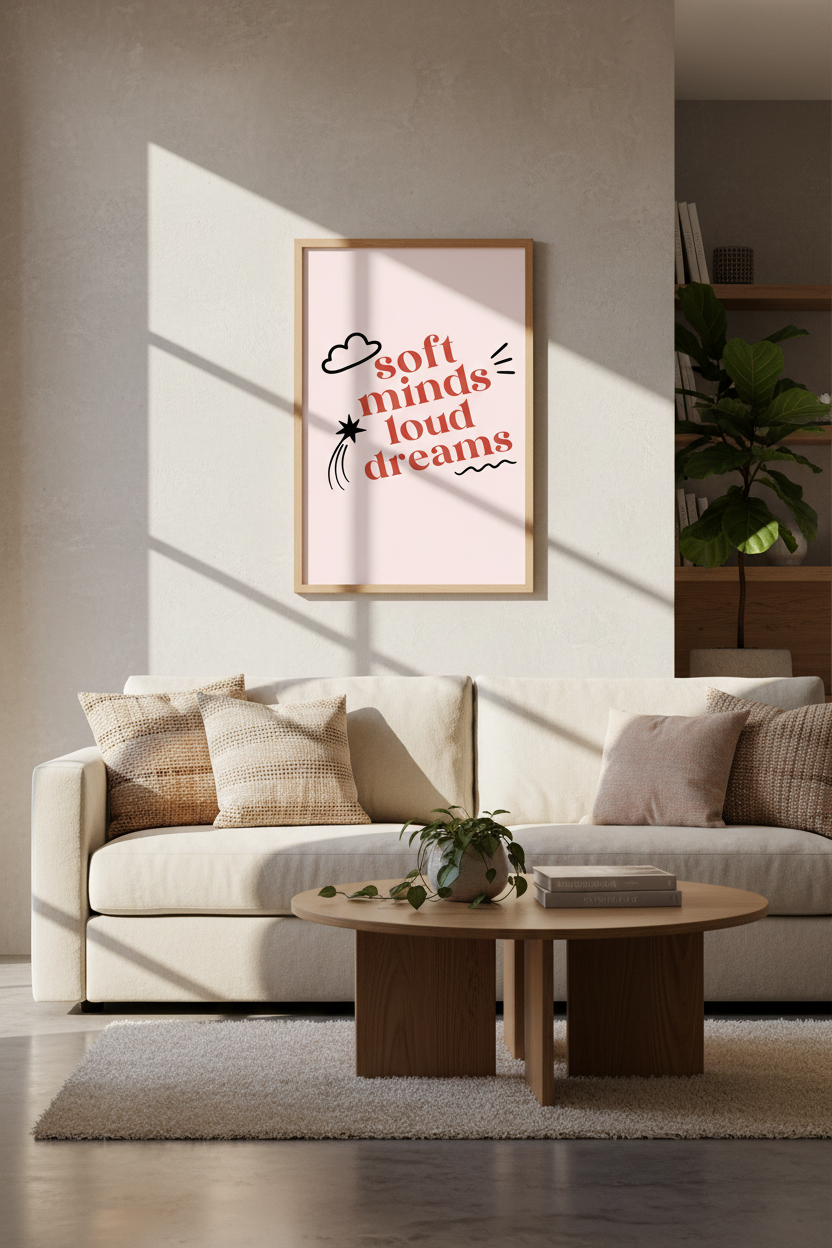 Soft Minds Loud Dreams Wall Art | Pink Aesthetic Typo Poster | Retro Bedroom Decor