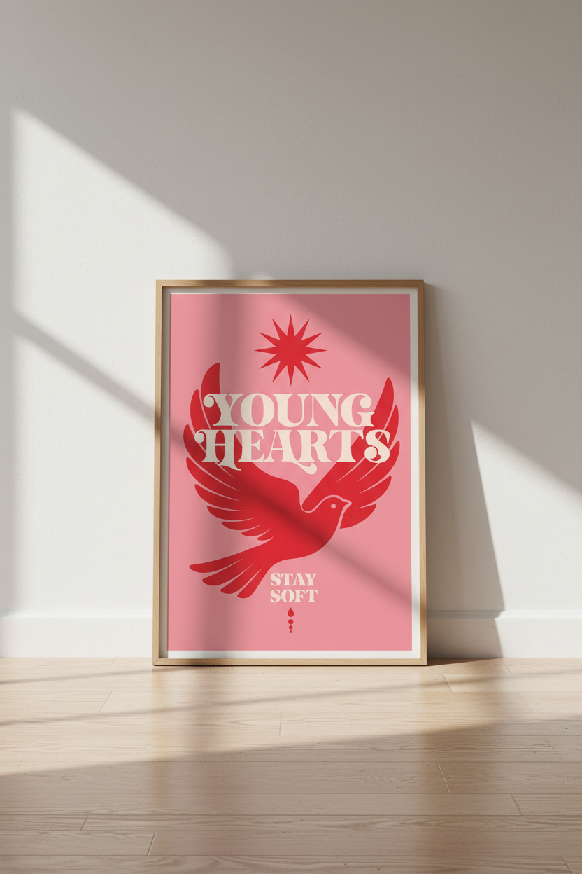 Young Hearts Stay Soft Print | Retro Red Dove, Pink Bedroom Decor | Cool Girl Poster