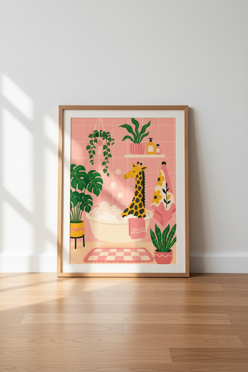 Giraffe in Bathtub Wall Art Print | Pink Bathroom Decor | Whimsical Animal Poster
