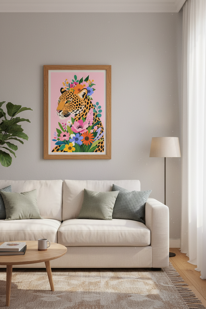 Cheetah Floral Wall Art Print | Pink Maximalist Leopard Decor | Aesthetic Flower Poster