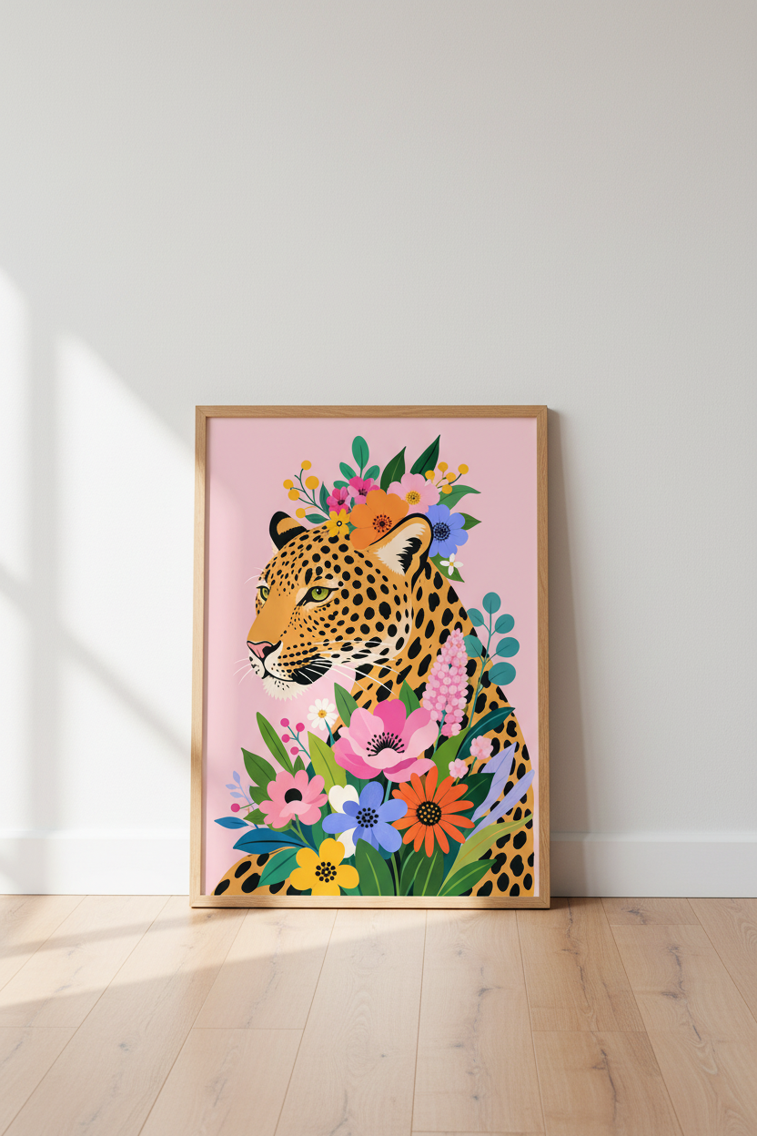 Cheetah Floral Wall Art Print | Pink Maximalist Leopard Decor | Aesthetic Flower Poster