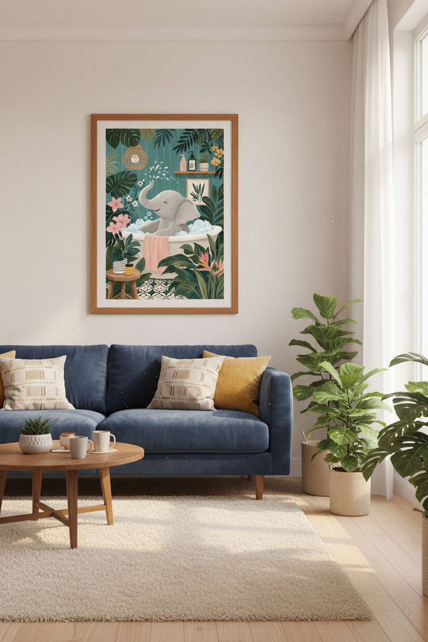 Elephant in Bathtub Wall Art | Tropical Bathroom Decor | Botanical Jungle Poster