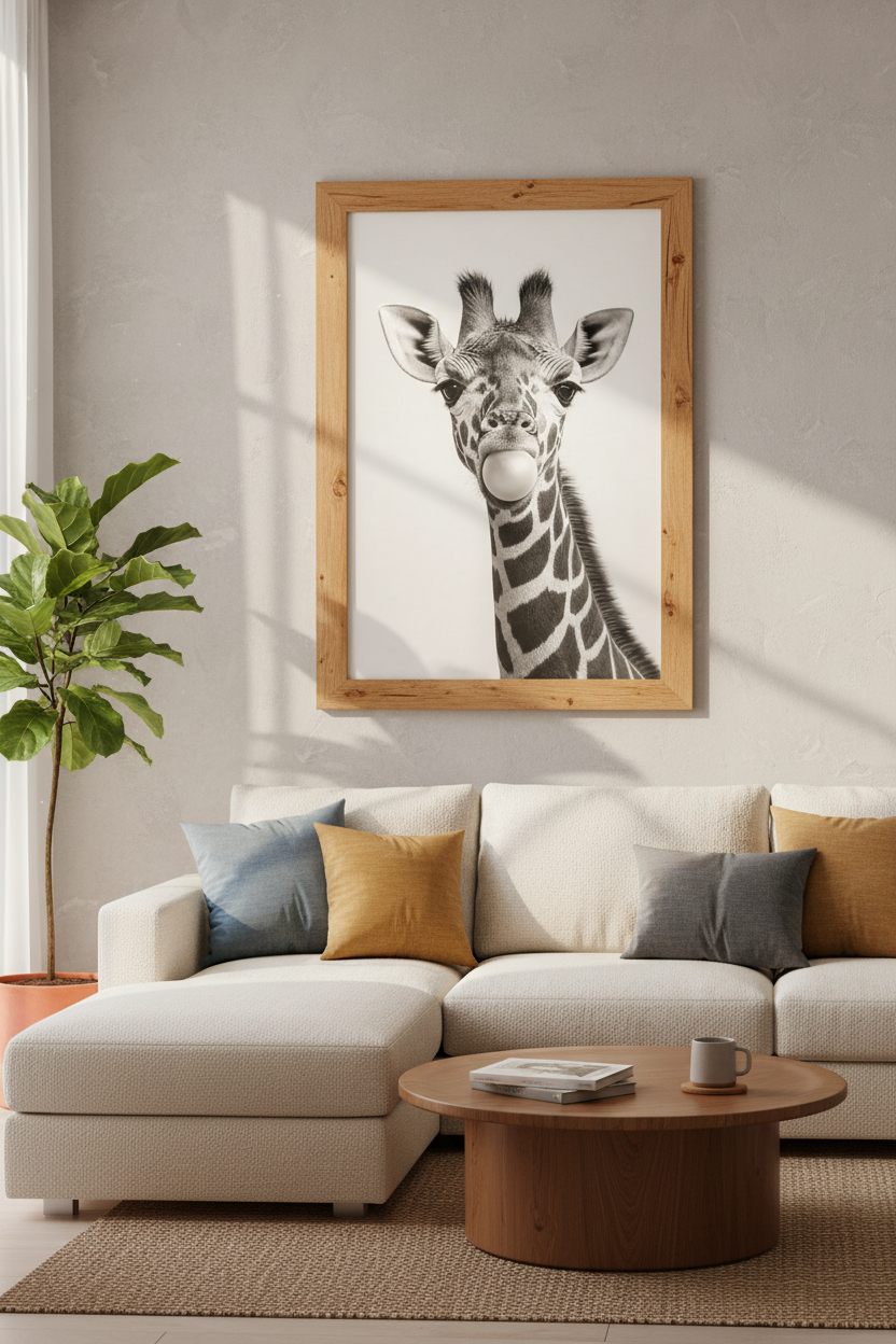 Giraffe Blowing Bubblegum Wall Art | Black and White Nursery Decor | Whimsical Poster