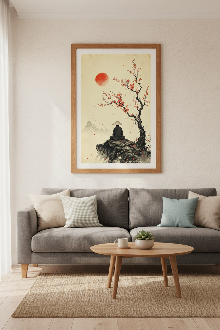 Zen Samurai & Cherry Blossom Wall Art Print | Japanese Landscape Decor | Minimalist Poster