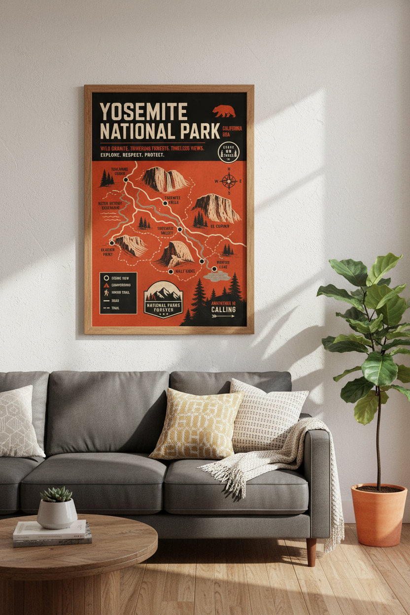 Yosemite National Park Map Print | Vintage Retro Poster, Cabin & Office Wall Art