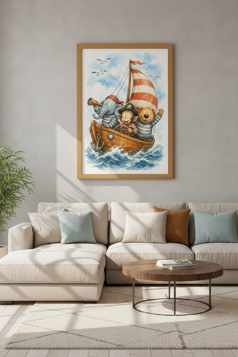 Pirate Animal Boat Wall Art | Watercolor Nursery Decor | Nautical Adventure Poster