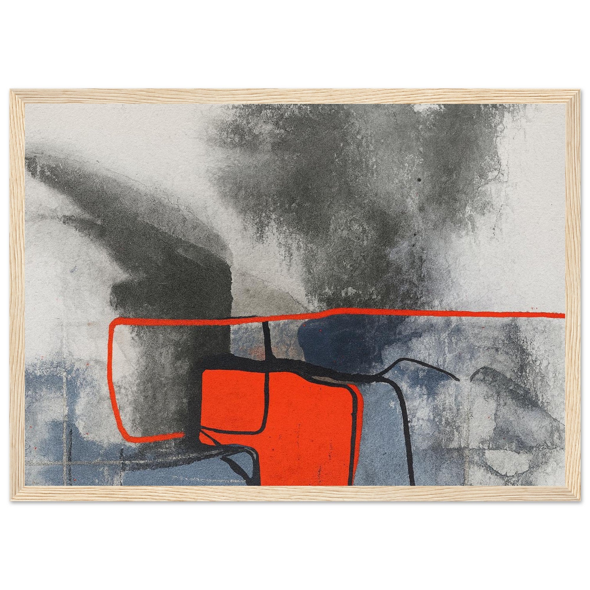 Urban Ember – Abstract Expressionist Print with Red Accents, Modern Art Poster, Moody Watercolor - Matte Wooden Framed