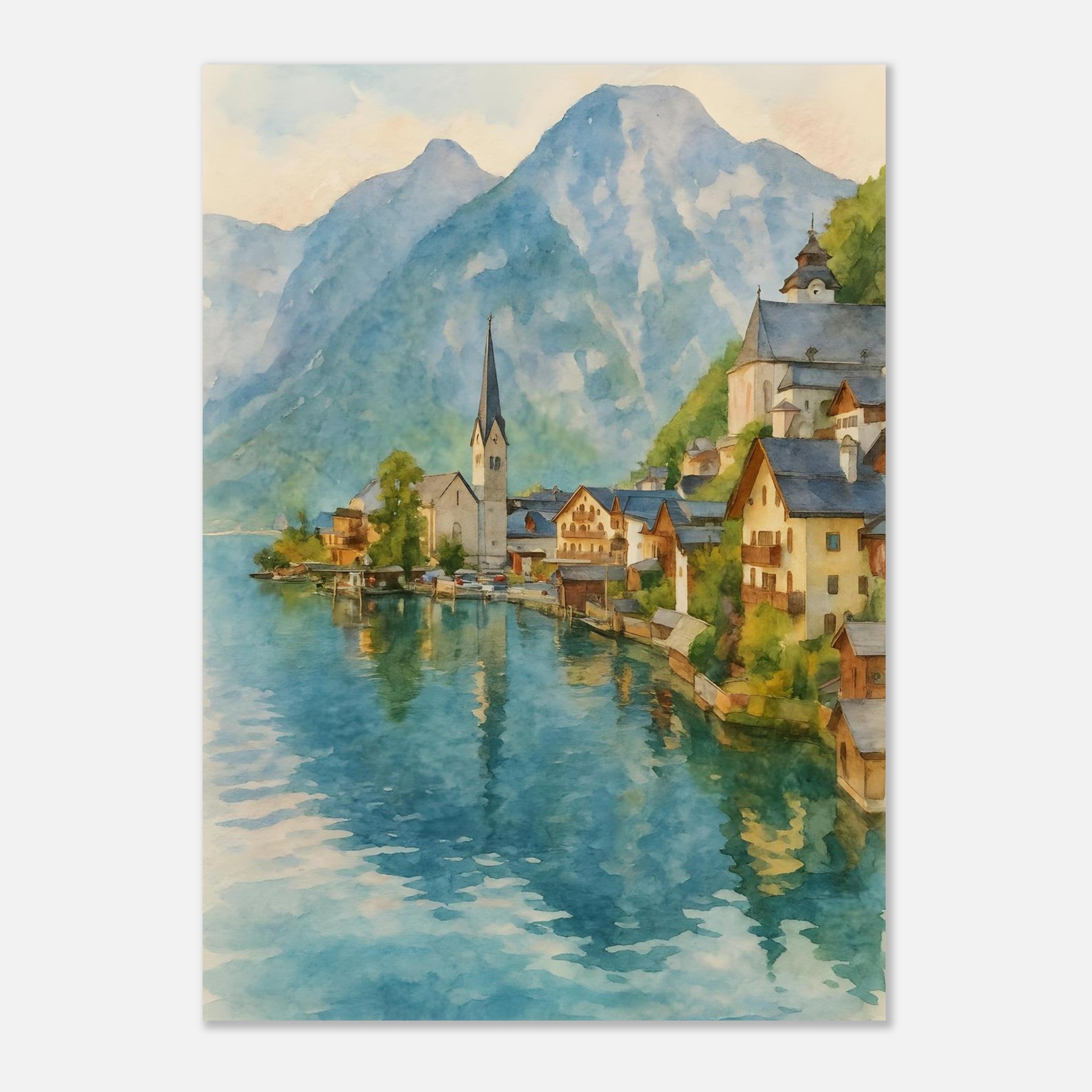 Hallstatt Austria Watercolour Print – Unframed Scenic Travel Poster, Alpine Village Decor 50x70 cm 20x28″