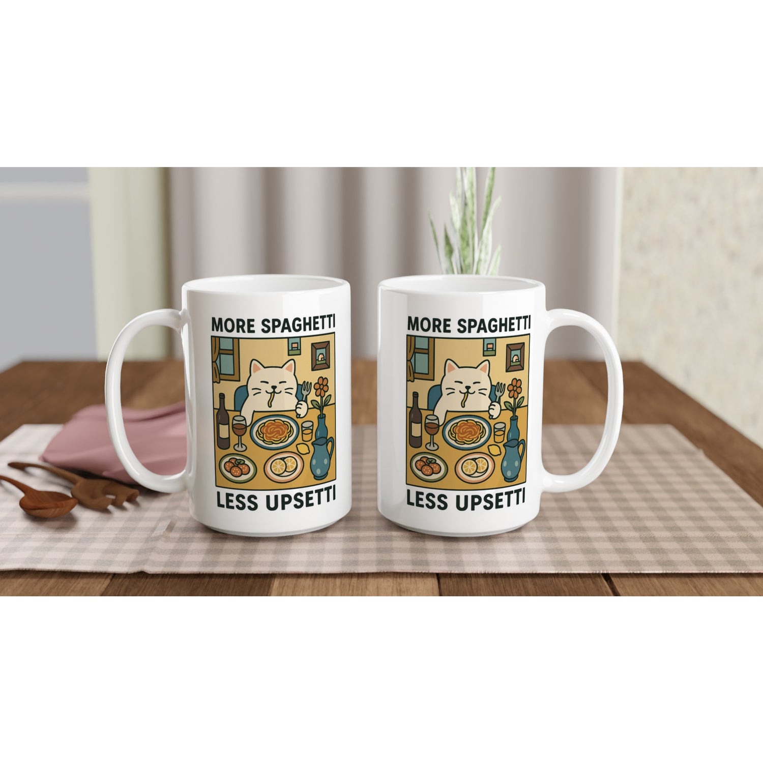 More Spaghetti Less Upsetti Mug - Cute Cat Lover Gift - 15oz Ceramic Cup for Coffee & Tea - White 15oz Ceramic Mug