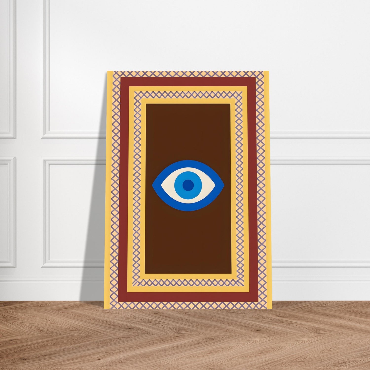 Azure Guardian – Evil Eye Folk Wall Art in Rich Earth Tones (A0, A1,A2, A3. A4 Poster) A0 (84.1 x 118.9 cm) Brown with Blue Eye