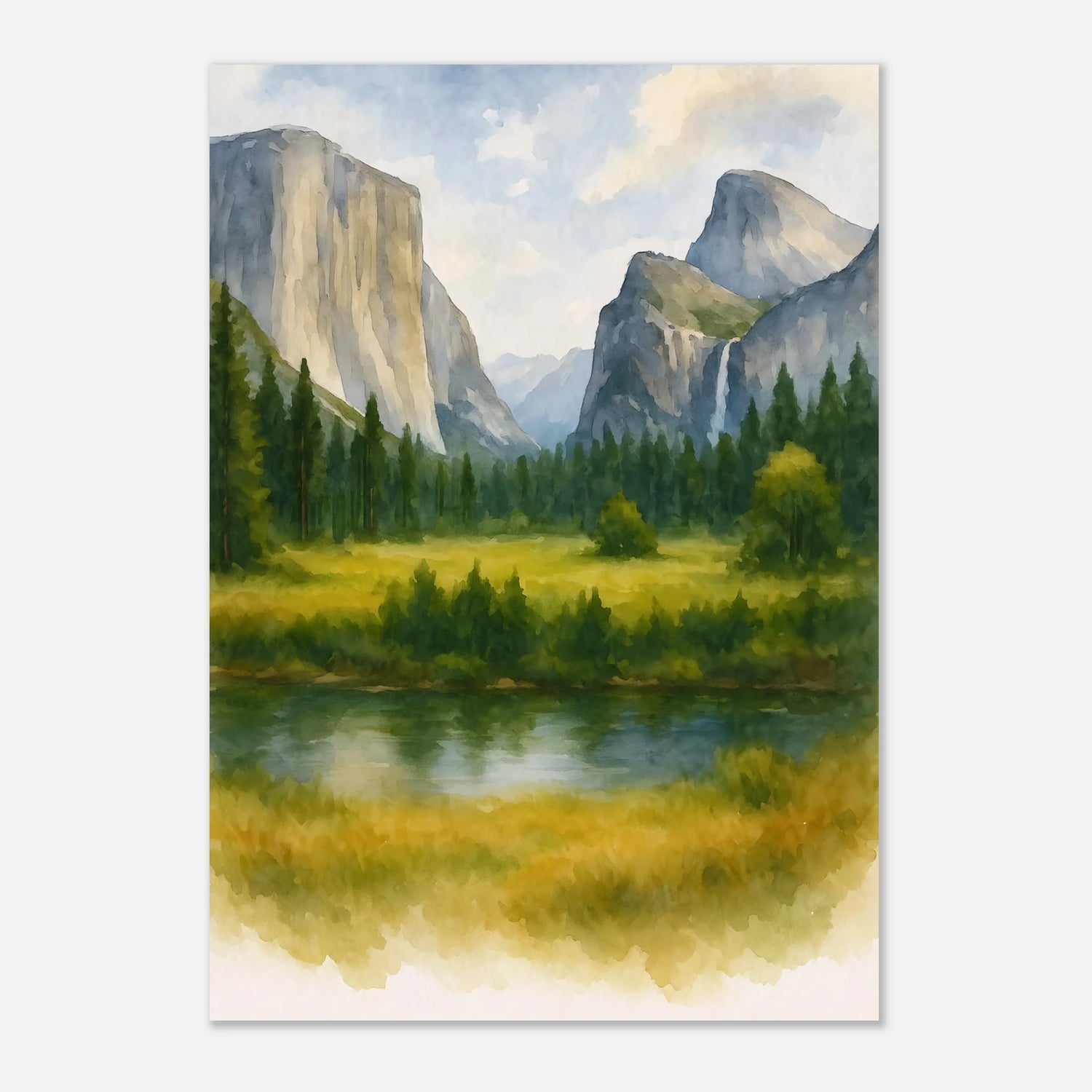 Yosemite Valley California Watercolour Print – Unframed Travel Wall Art, Home Decor 70x100 cm 28x40″
