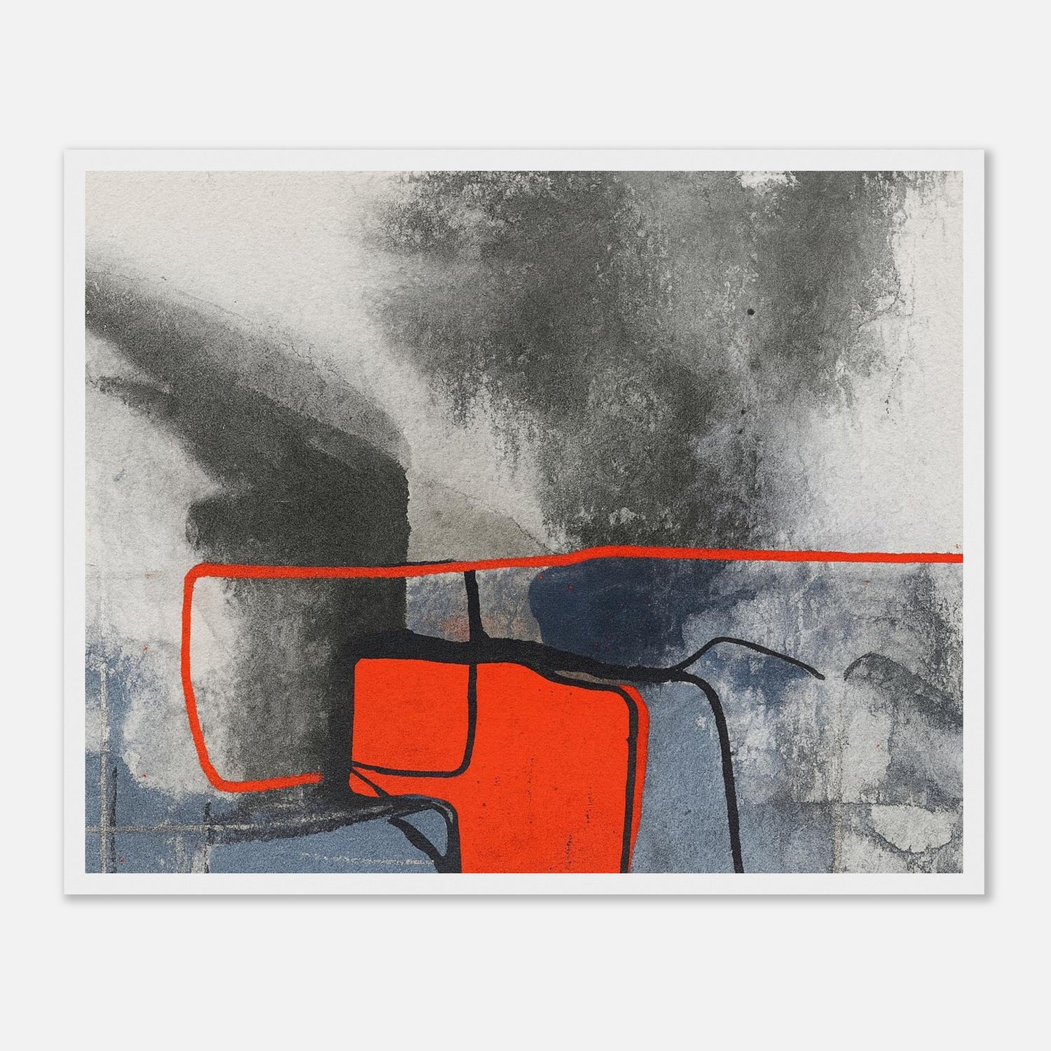 Urban Ember – Abstract Expressionist Print with Red Accents, Modern Art Poster, Moody Watercolor - Matte Wooden Framed 40x50 cm 16x20″ White frame