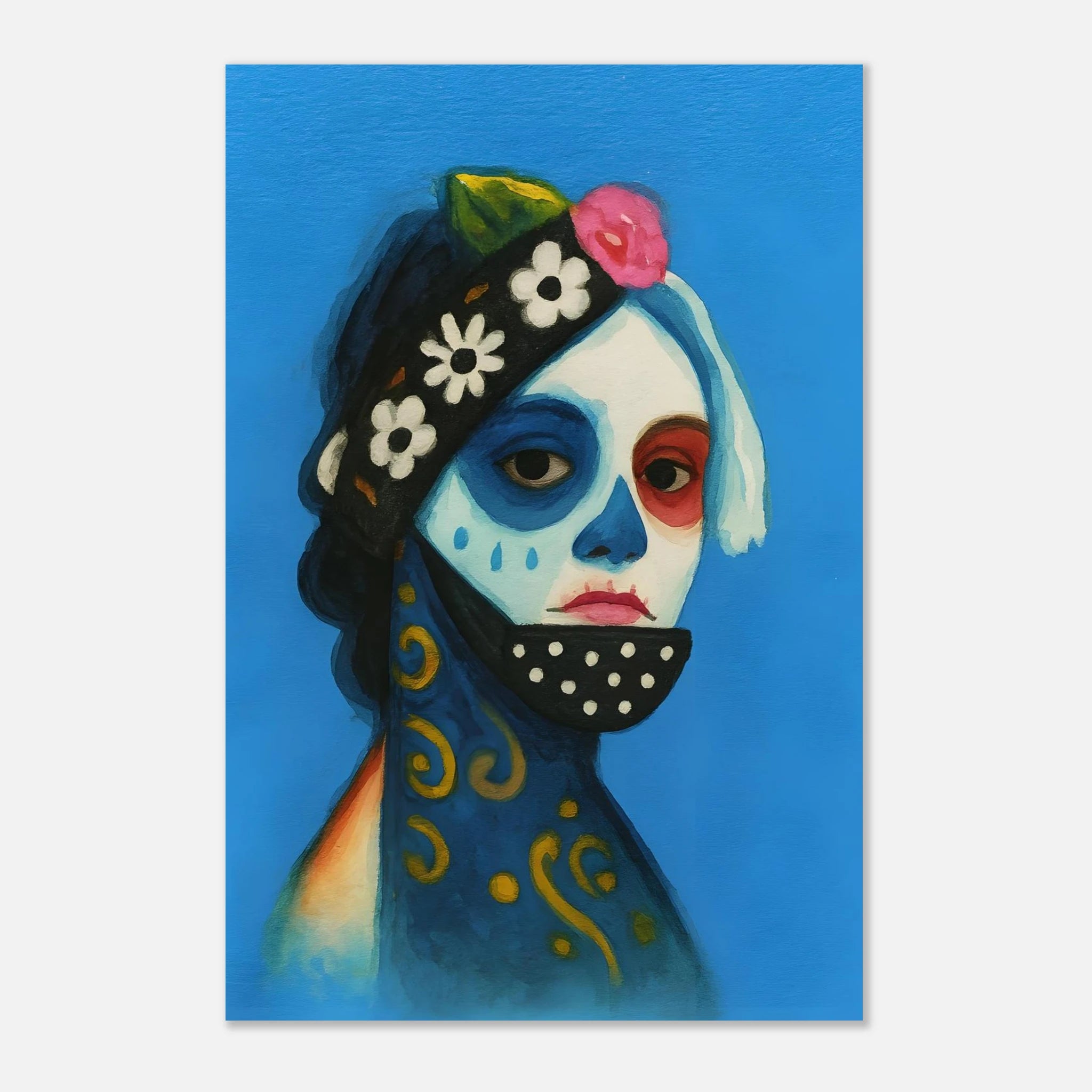 Day of the Dead Watercolor Portrait, Día de los Muertos Masked Woman Wall Art, Mexican Folk Art A3 Print, Skeleton Face Painting Poster 40x60 cm 16x24″
