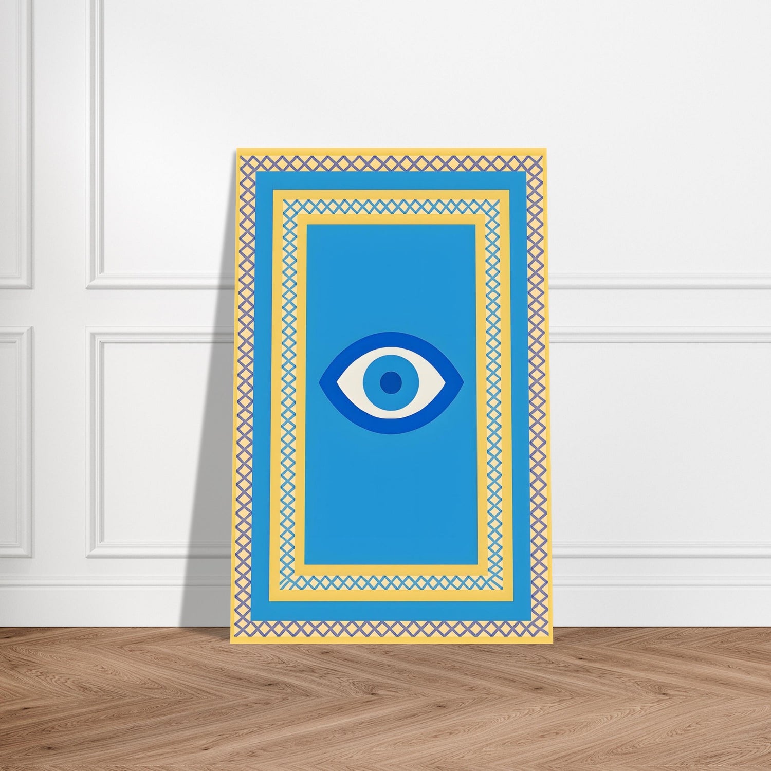 Azure Guardian – Evil Eye Folk Wall Art in Rich Earth Tones (A0, A1,A2, A3. A4 Poster) 28x43 cm XL (11x17″) All Blue