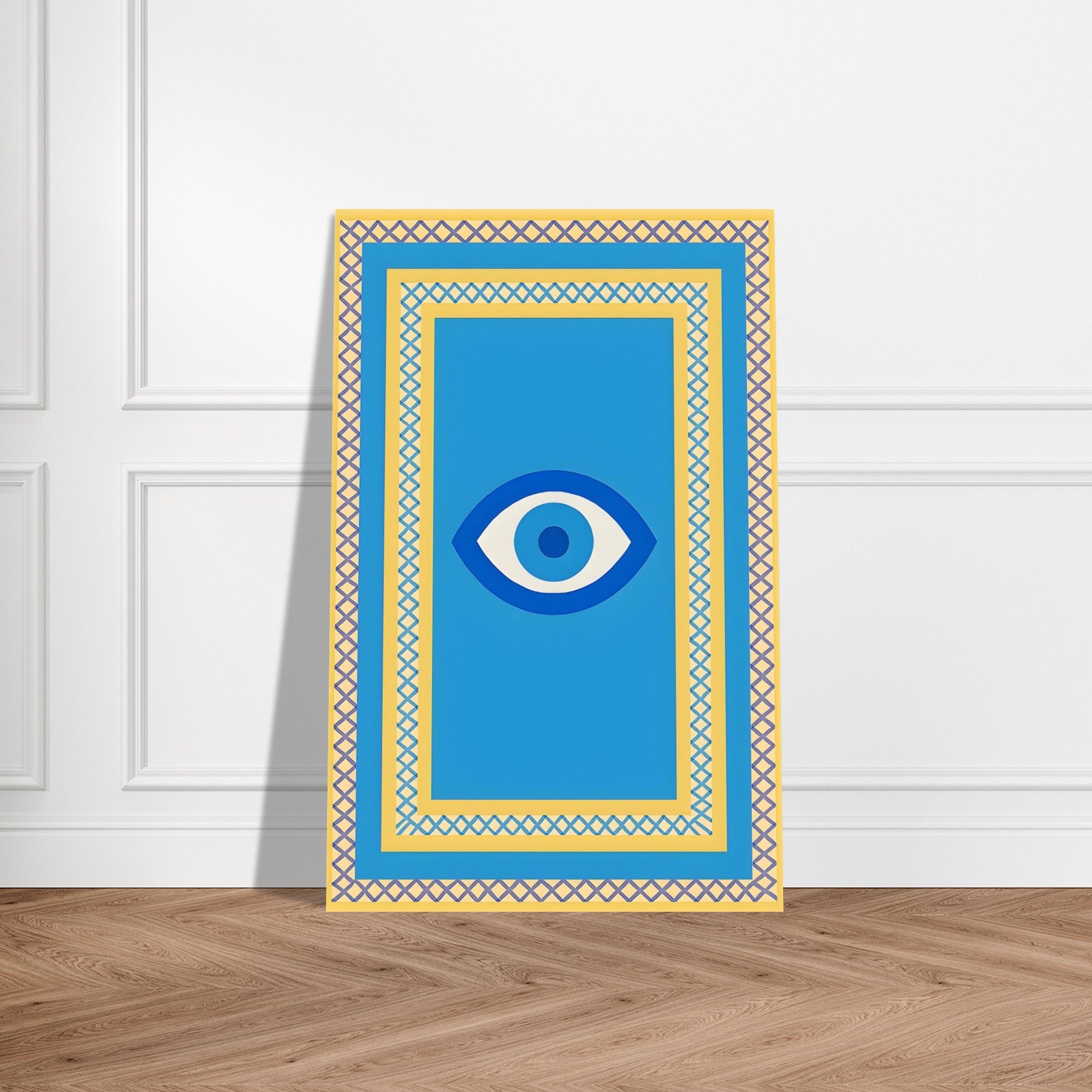Azure Guardian – Evil Eye Folk Wall Art in Rich Earth Tones (A0, A1,A2, A3. A4 Poster) 28x43 cm XL (11x17″) All Blue