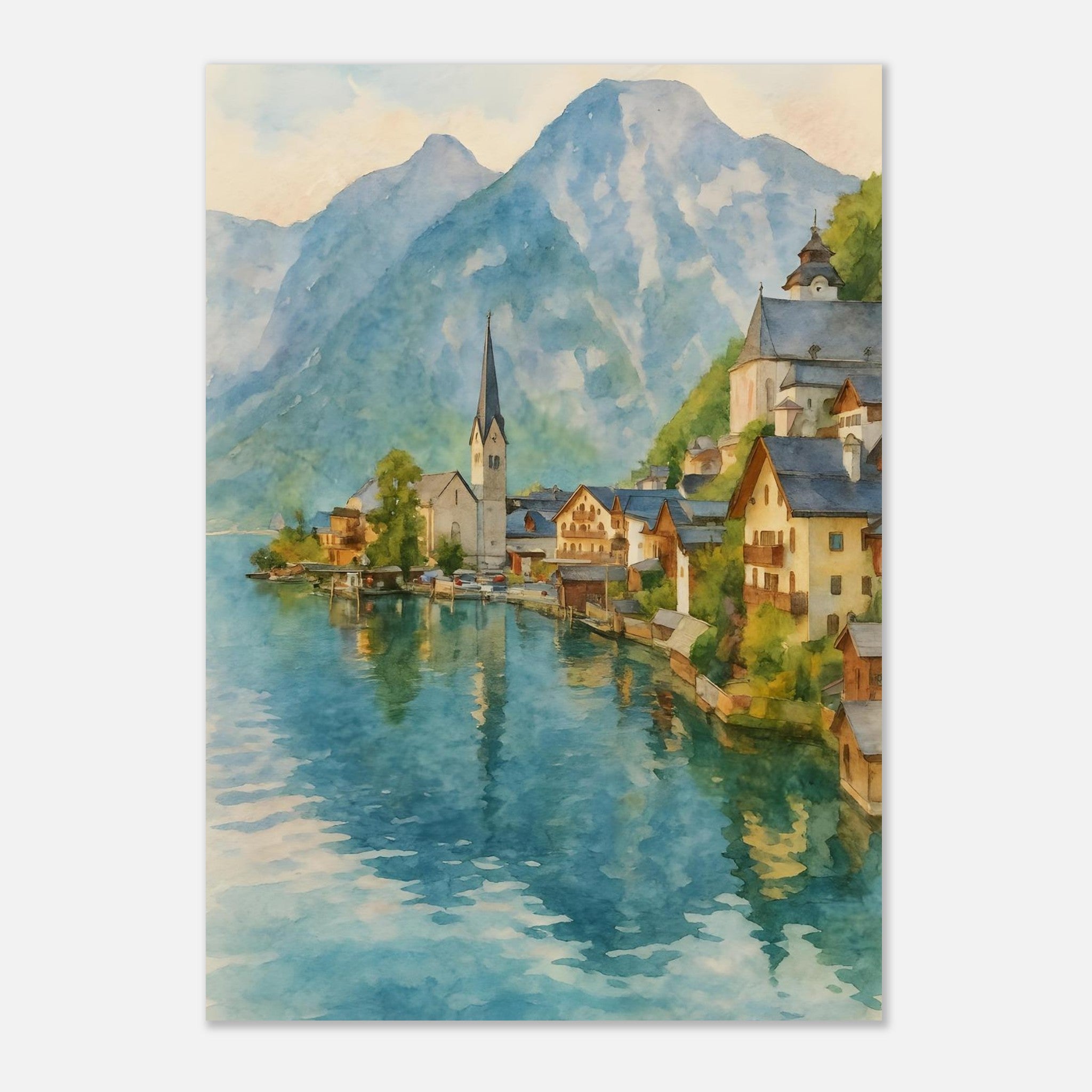 Hallstatt Austria Watercolour Print – Unframed Scenic Travel Poster, Alpine Village Decor 21x29.7 cm 8x12"