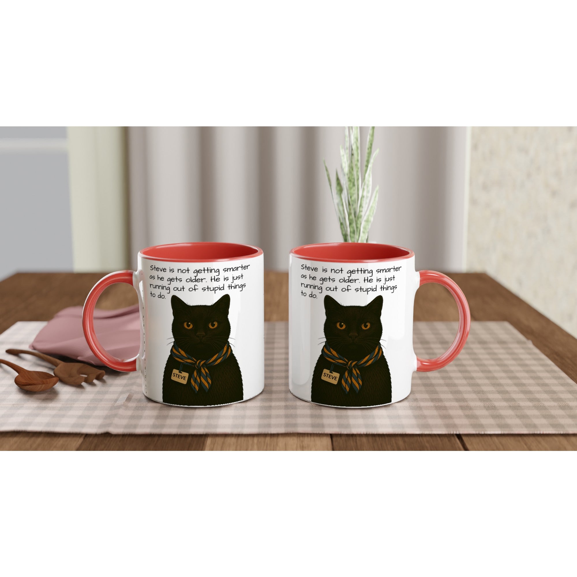 Steve Mysterious Cat Mug – Vintage Black Cat with Scarf – Funny 11oz Coffee Mug for Cat Lovers – Blank Name Tag – Quirky Animal Art Gift