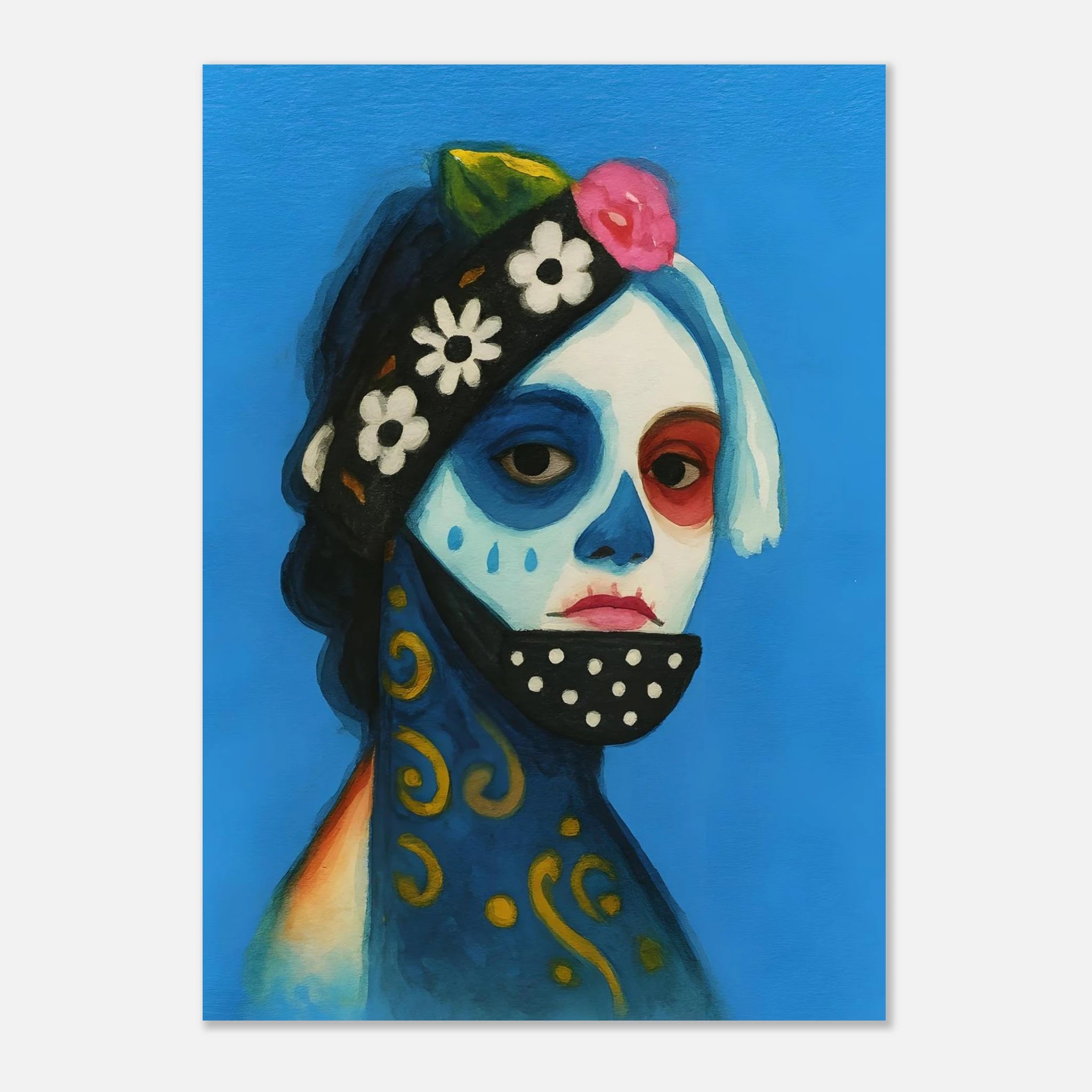 Day of the Dead Watercolor Portrait, Día de los Muertos Masked Woman Wall Art, Mexican Folk Art A3 Print, Skeleton Face Painting Poster 50x70 cm 20x28″