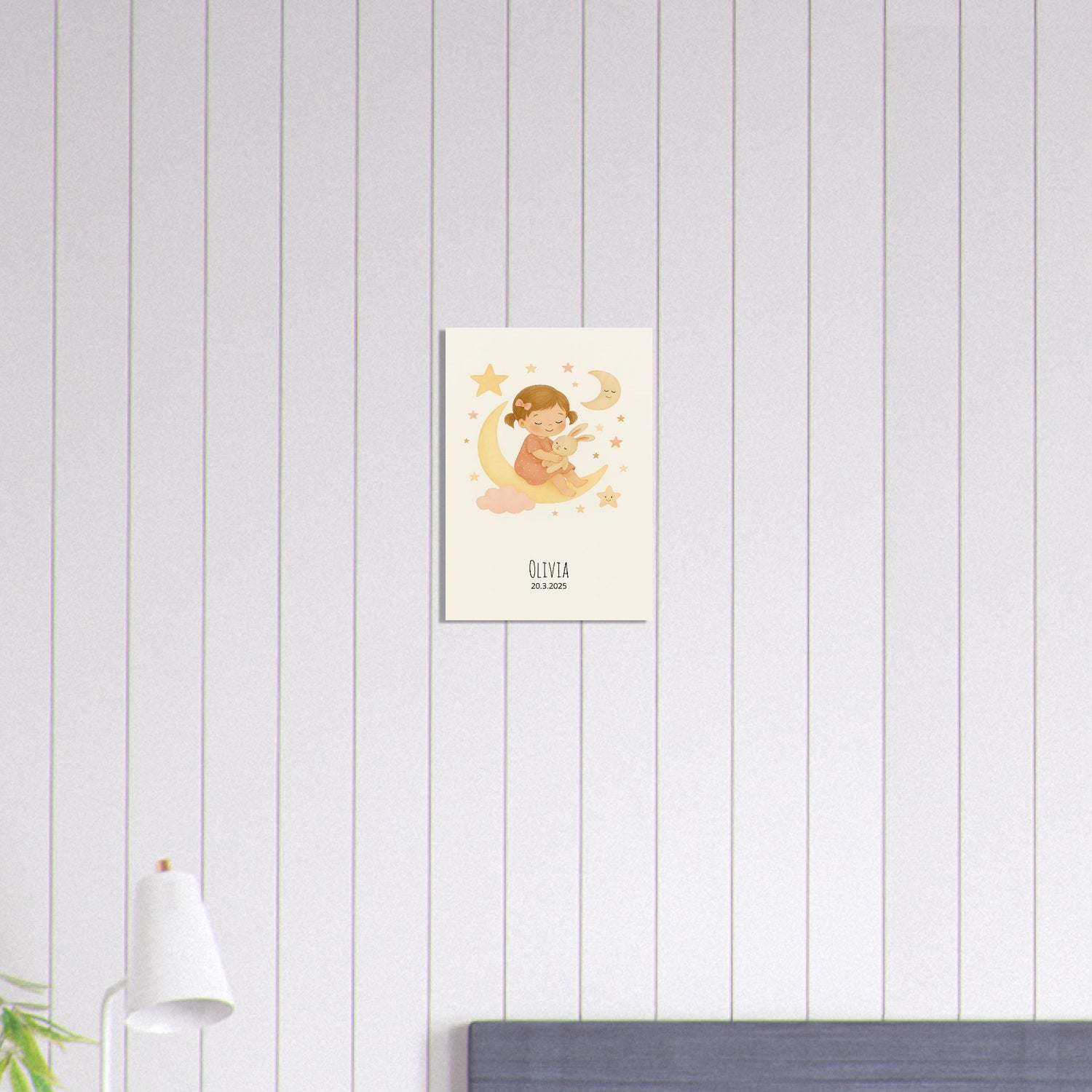 Personalized Baby Girl Nursery Print Poster - Moon, Stars & Teddy Design A3 (29.7 x 42 cm)