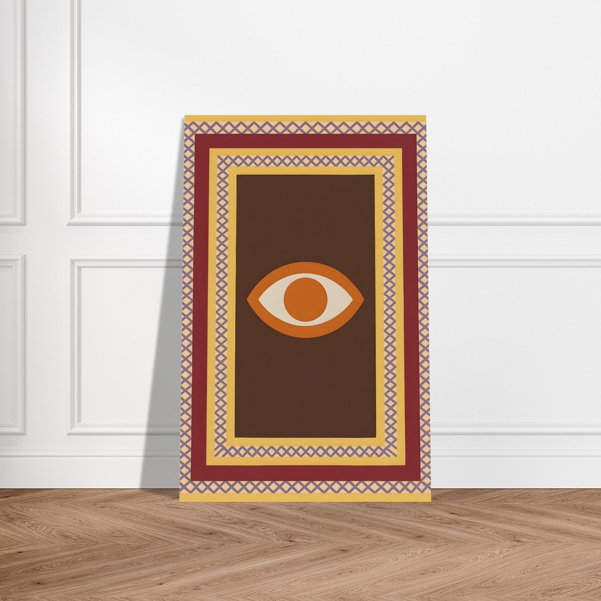 Azure Guardian – Evil Eye Folk Wall Art in Rich Earth Tones (A0, A1,A2, A3. A4 Poster) 28x43 cm XL (11x17″) Brown with Orange Eye
