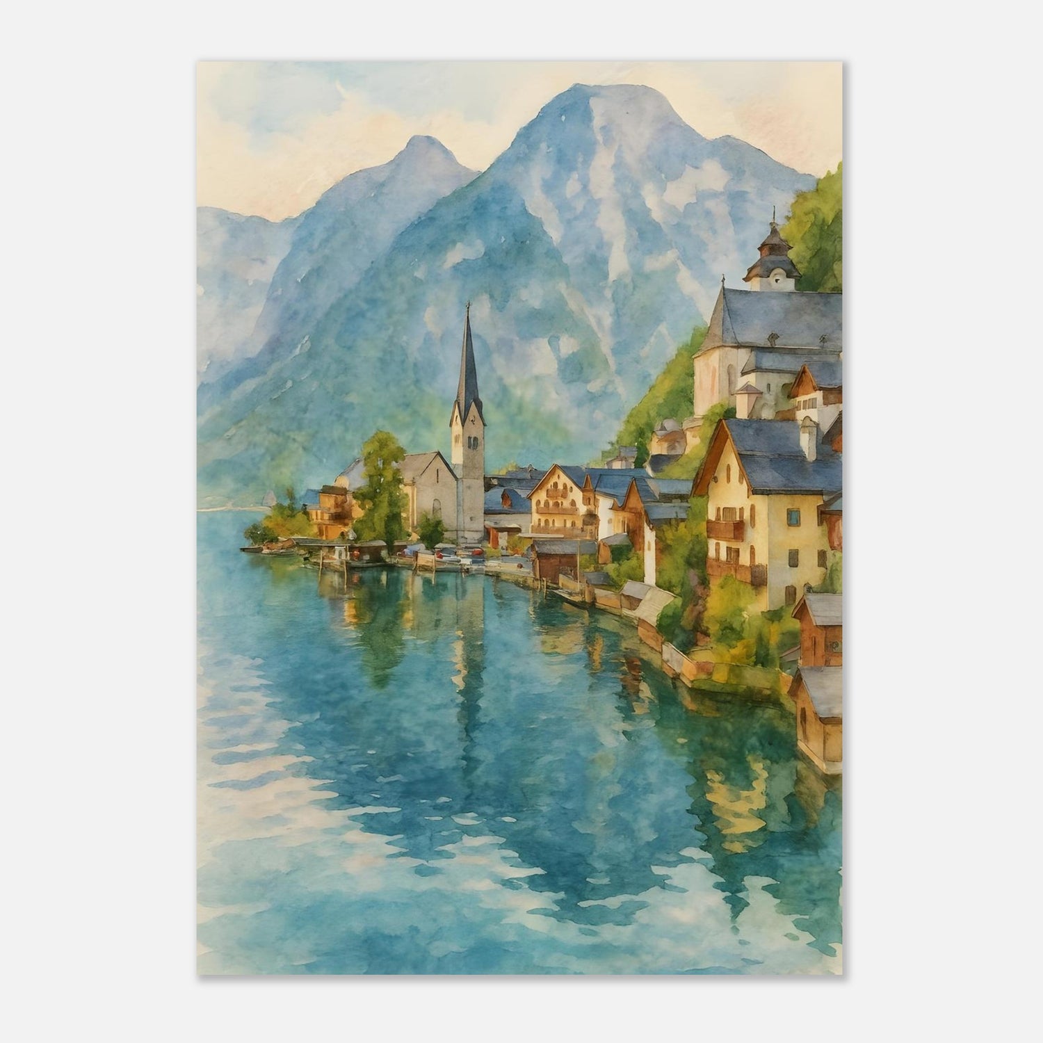 Hallstatt Austria Watercolour Print – Unframed Scenic Travel Poster, Alpine Village Decor A2 (42 x 59.4 cm)