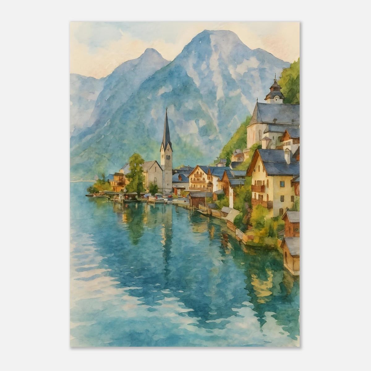 Hallstatt Austria Watercolour Print – Unframed Scenic Travel Poster, Alpine Village Decor A2 (42 x 59.4 cm)