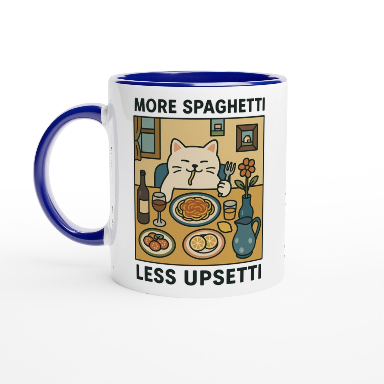 More Spaghetti Less Upsetti Mug - Cute Cat Lover Gift - 11oz Ceramic Cup for Coffee & Tea Ceramic Blue