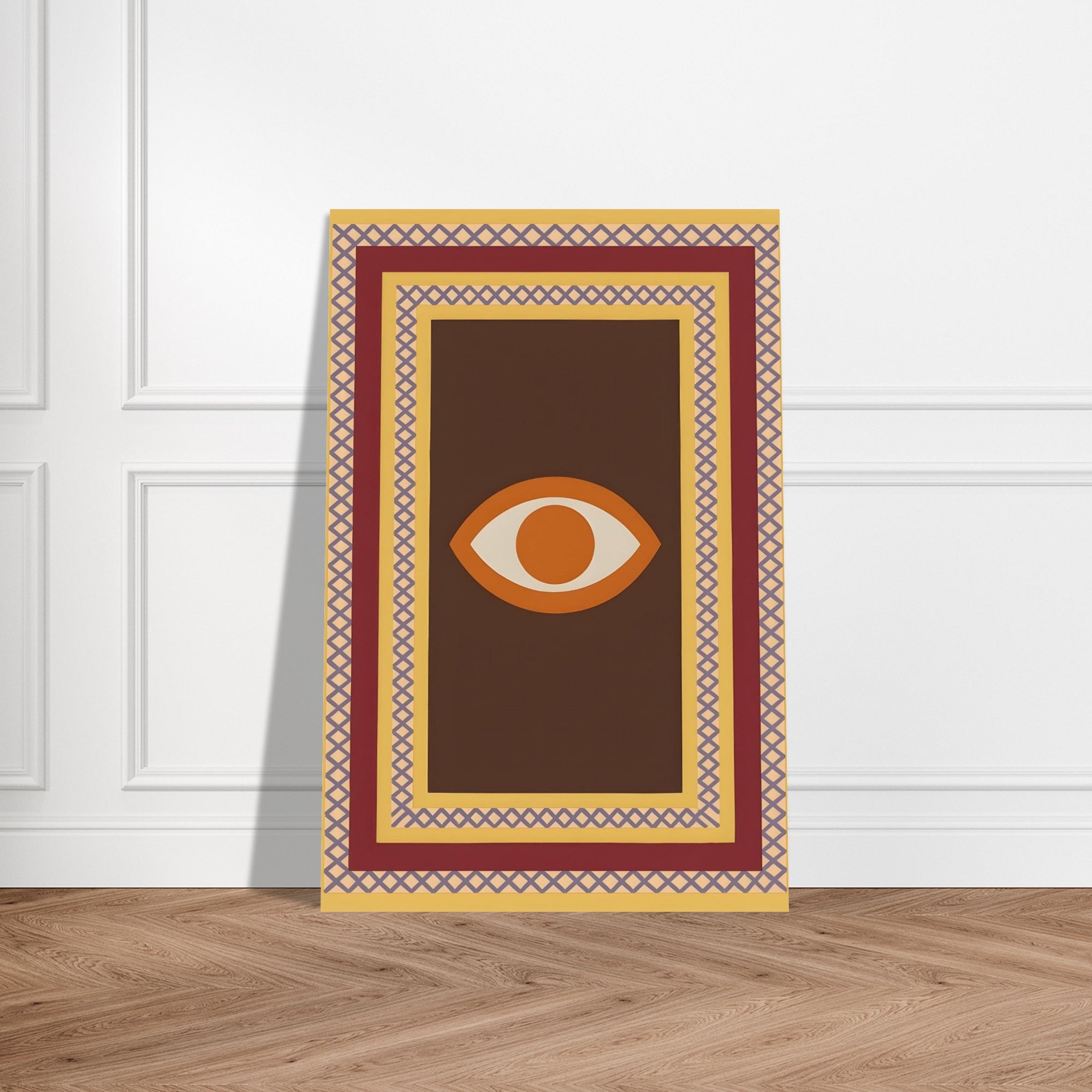 Azure Guardian – Evil Eye Folk Wall Art in Rich Earth Tones (A0, A1,A2, A3. A4 Poster) 60x90 cm 24x36″ Brown with Orange Eye
