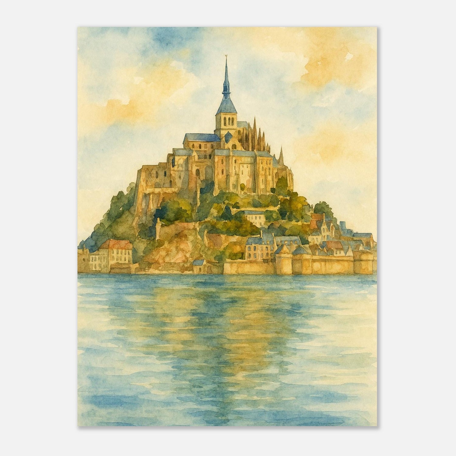 Mont Saint Michel France Coastal Monastery Watercolour Print – Unframed Travel Wall Art, Home Decor 45x60 cm 18x24″