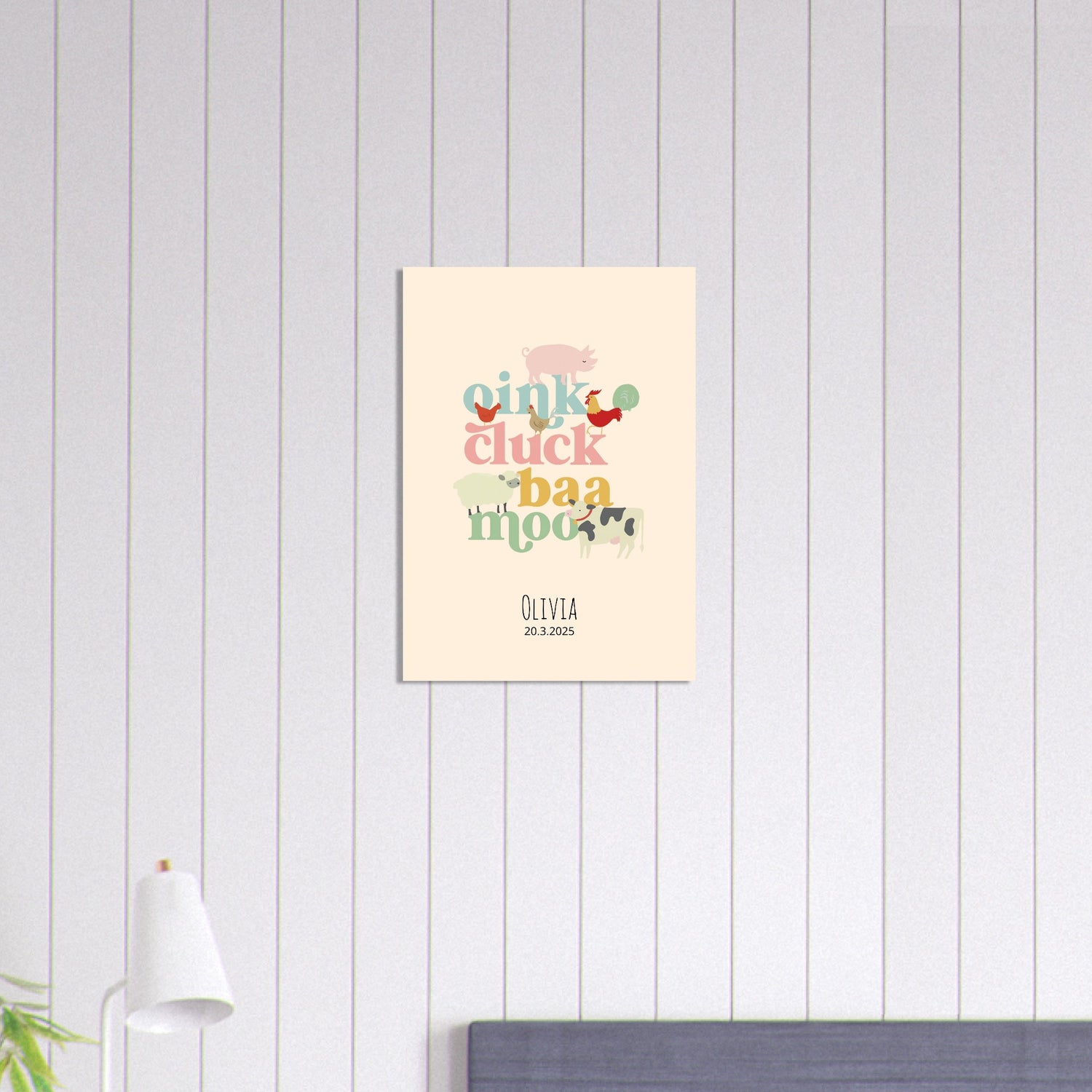 Oink Cluck Baa Moo Personalized Farm Print - Cute Nursery Wall Art Poster A2 (42 x 59.4 cm)