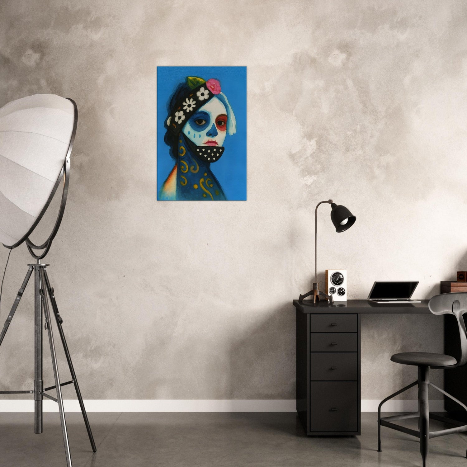 Day of the Dead Watercolor Canvas, Día de los Muertos Masked Woman Wall Art, Mexican Folk Art A3 Print, Skeleton Face Painting Slim Canvas