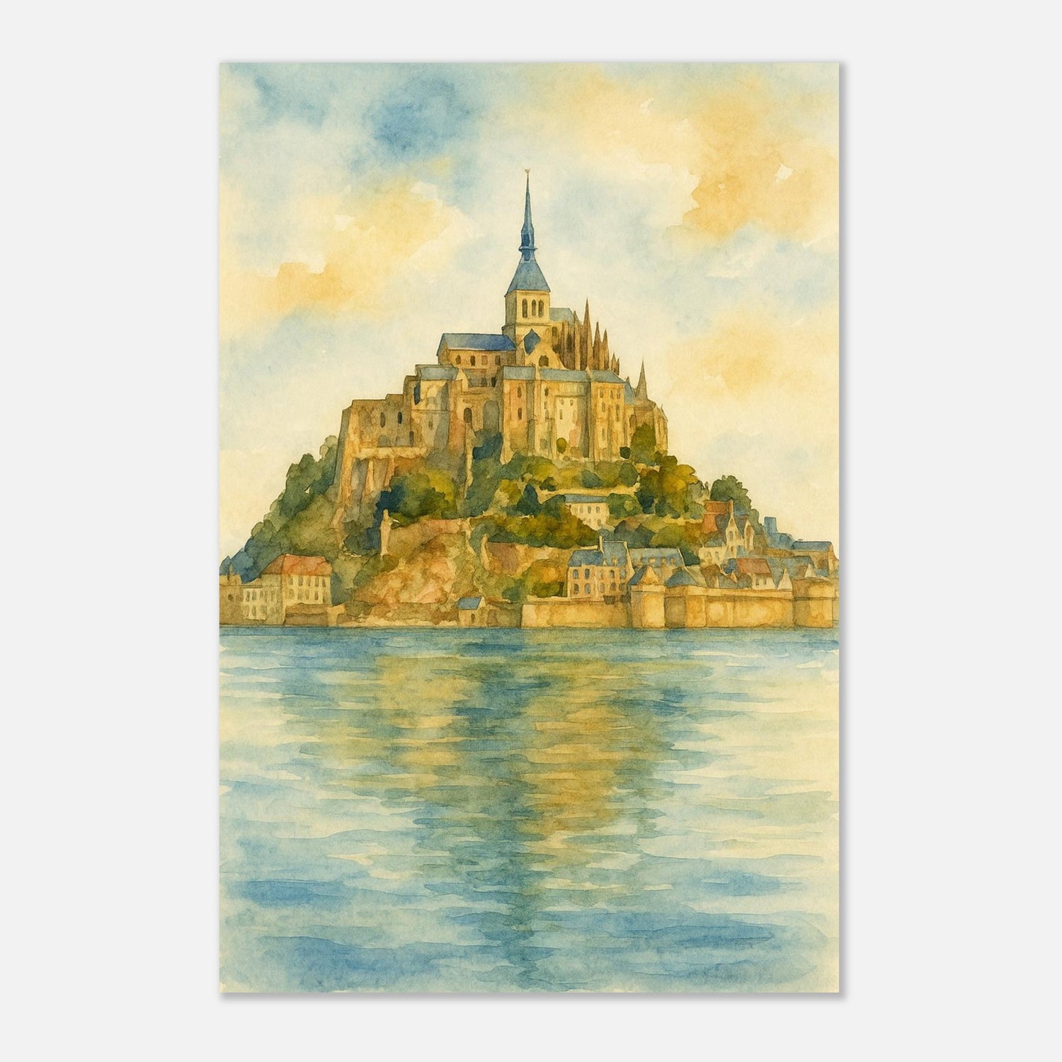 Mont Saint Michel France Coastal Monastery Watercolour Print – Unframed Travel Wall Art, Home Decor 30x45 cm 12x18″