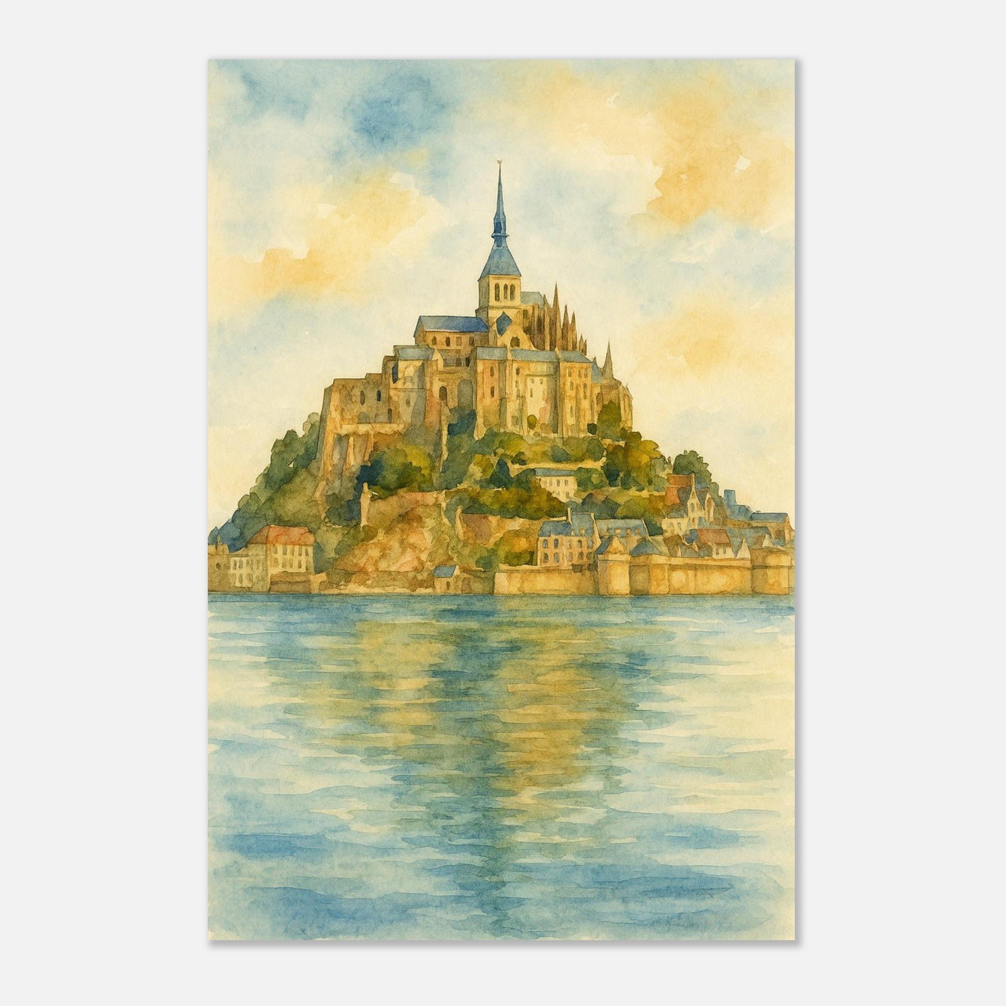 Mont Saint Michel France Coastal Monastery Watercolour Print – Unframed Travel Wall Art, Home Decor 30x45 cm 12x18″