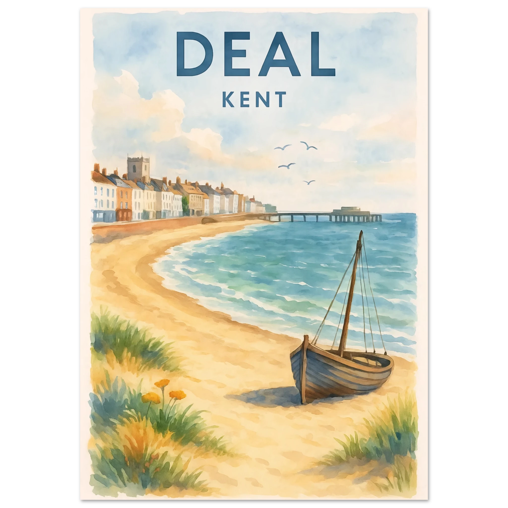 Kent Travel Poster | Watercolor Kentish Wall Art Print A0 (84.1 x 118.9 cm)